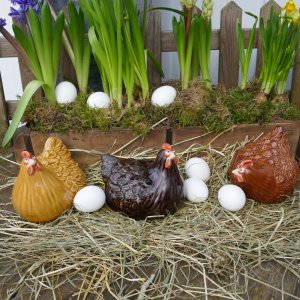 3 Deko Hühner, Keramik braun für die Frühling-Osterdeko