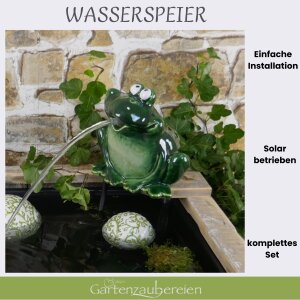 Holzkiste mit Wasserspeier Frosch dunkelgrün mit Solarpumpe und Schwimmkugeln aus Keramik