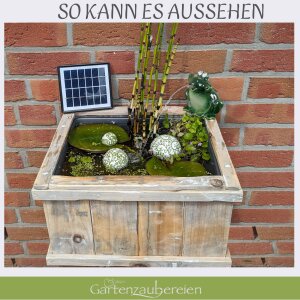 Holzkiste mit Wasserspeier Frosch dunkelgrün mit Solarpumpe und Schwimmkugeln aus Keramik
