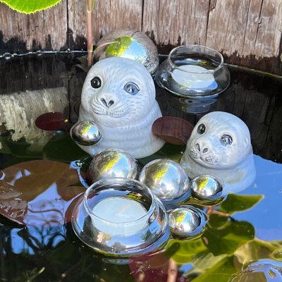 Minteich Deko Set Seehund Köpfe mit Schwimmkugeln und Teelichtschalen