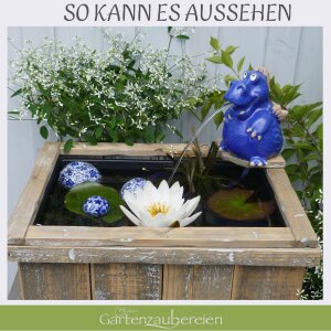 Holzkiste Miniteich Set - Drache -  Wasserspeier mit Pumpe und Schwimmkugeln aus Keramik