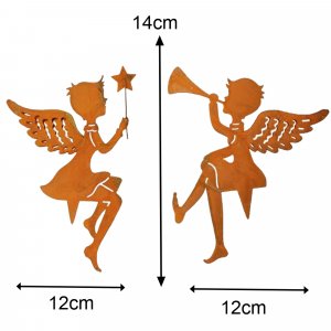 Gartenstecker Engel Figur 2er Set zum Stecken mit Stern und Trompete in Rostoptik 14cm