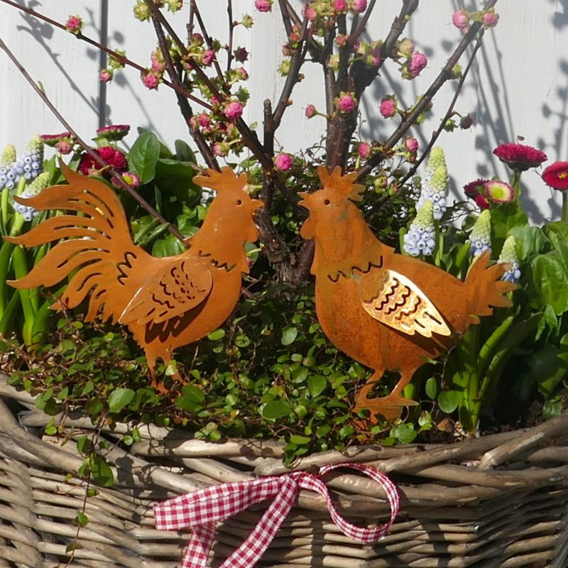 Deko Ostern Frühling Garten Hahn Figur Rost Stecker Edelrost Gartendeko Metall