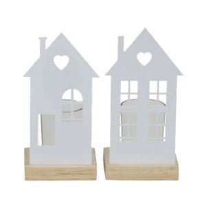 Haus mit Teelichtglas weiß 2Modelle auf Holzfuß