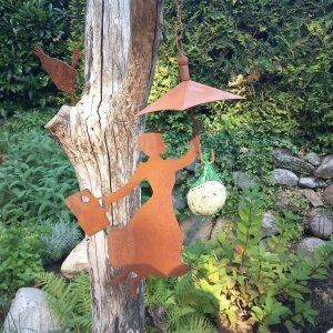 Futterstion Schirm mit Frau für Meisenknödel Rost