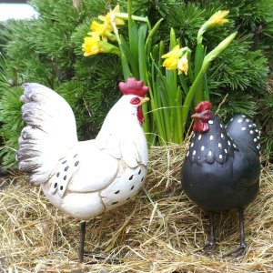 Hahn und Huhn Gartendeko aus Polyresin