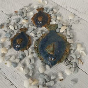 Keramik Scholle Groß /  klein, Fischfamilie 3er Set
