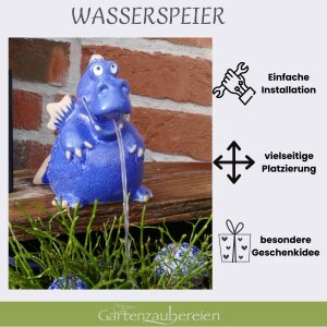 Wasserspeier Drache blau mit Akku Solarpumpe Keramik