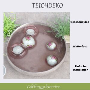 3 Schwimmkugeln mit Rosenmuster und Teelichtschalen