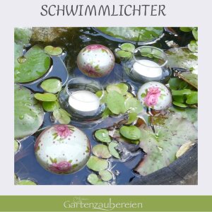3 Schwimmkugeln mit Rosenmuster und Teelichtschalen