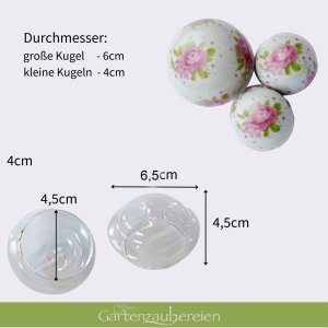 3 Schwimmkugeln mit Rosenmuster und Teelichtschalen