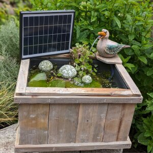 Holzkiste mit Wasserspeier Möwe und Akku Solarpumpe...