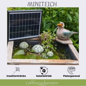 Holzkiste mit Wasserspeier Möwe und Akku Solarpumpe...