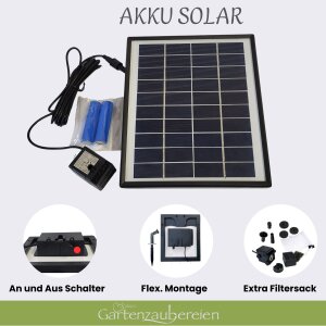 Holzkiste mit Wasserspeier Möwe und Akku Solarpumpe 6er Set Schwimmkugeln