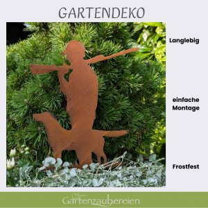 Edelrost Gartenstecker Jäger mit Hund –  27,5 cm