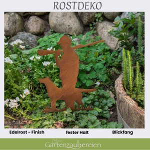Edelrost Gartenstecker Jäger mit Hund –  27,5 cm