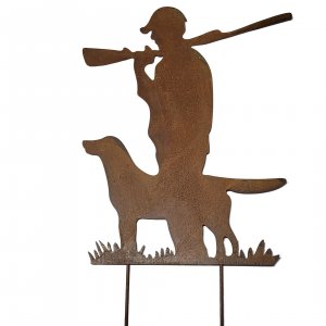 Edelrost Gartenstecker Jäger mit Hund –  27,5 cm