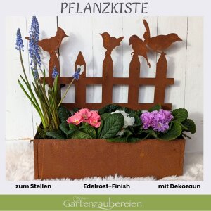 Pflanzkasten in Edelrost mit Zaum und Vögeln 35cm