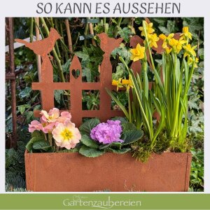 Pflanzkasten in Edelrost mit Zaum und Vögeln 35cm