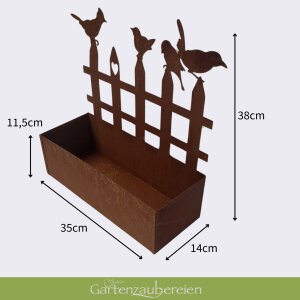 Pflanzkasten in Edelrost mit Zaum und Vögeln 35cm