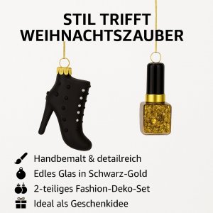 Christbaumanhänger-Set High Heel & Nagellack – edler Baumschmuck aus Glas in Schwarz-Gold, 2-teiliges Deko- und Geschenkset