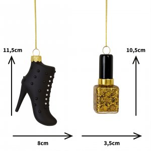 Christbaumanhänger-Set High Heel & Nagellack – edler Baumschmuck aus Glas in Schwarz-Gold, 2-teiliges Deko- und Geschenkset