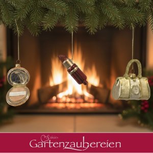Christbaumanhänger 3er-Set – Handtasche, Lippenstift & Puderdose – Edler Baumschmuck im Mode-Design, Geschenkidee für Frauen