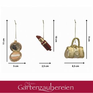 Christbaumanhänger 3er-Set – Handtasche, Lippenstift & Puderdose – Edler Baumschmuck im Mode-Design, Geschenkidee für Frauen