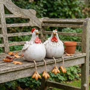 Keramik Hühner Kantenhocker 2er Set | Shabby Chic Deko