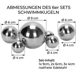 Schwimmfrosch Set mit 6 Edelstahlkugeln | Teichdeko Set