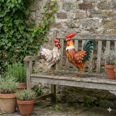 2er Set Gartenfiguren Metall | Hahn & Huhn handbemalt