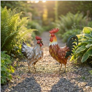 2er Set Gartenfiguren Metall | Hahn & Huhn handbemalt