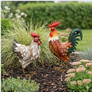 2er Set Gartenfiguren Metall | Hahn & Huhn handbemalt