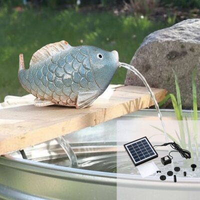 Solar Wasserspeier Fisch Keramik - Blau-Weiß - Teichdeko