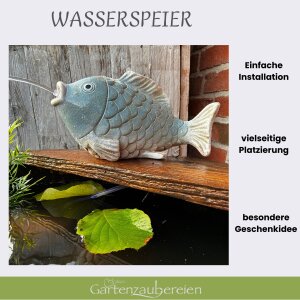 Solar Wasserspeier Fisch Keramik - Blau-Weiß - Teichdeko