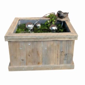 Miniteich Kompletset Wasserspeier Spatz mit Pumpe und Holzkiste