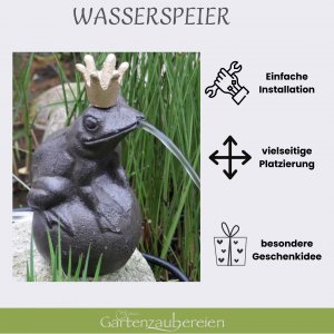 Wasserspeier Froschkönig auf Kugel, Gusseisen, 230V Pumpe, 9x9cm