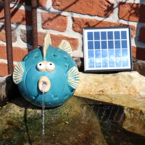 Wasserspeier Fisch blau groß, Solarpumpe